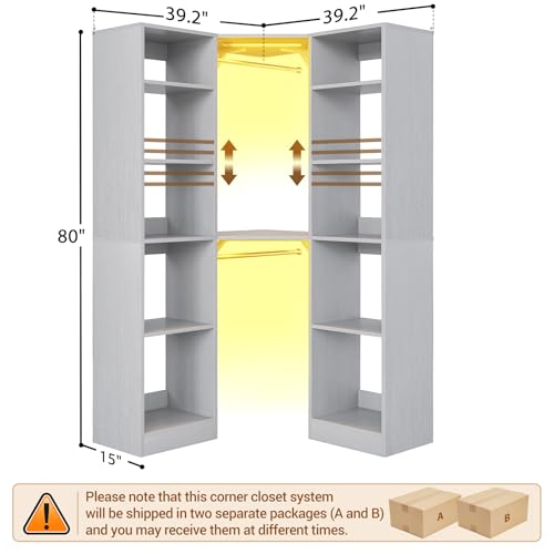 Besiost Corner Closet System with 2 Motion Sensor Lights, 39.2" Corner Closet Organizer with 12 Shelves, Closet Corner with 2 Hanging Rods, Versatile 6-Tier Walk-in Closets for Corner Space, Grey - color: Grey, size: 39.2" - With 2 Sensor Lights