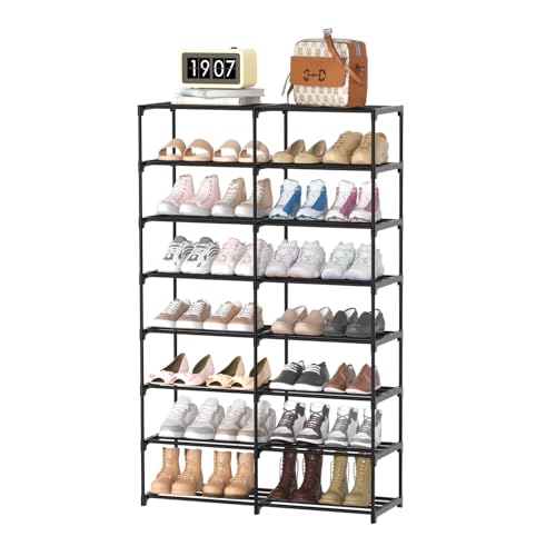 Large Shoe Rack Organizer, 2-Row 8-Tier Tall Shoe Storage Shelf for Closet, Entryway, Garage, Metal Free Standing Shoe Holder for 28-32 Pairs Shoes, Sturdy Stackable Shoe Stand for Bedroom - size: 2 Row 8 Tier