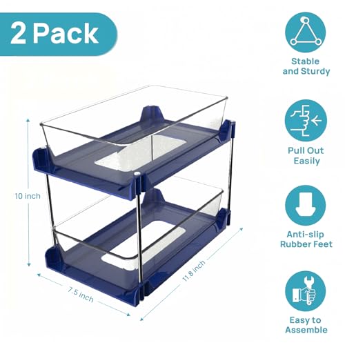 2 Pack Bathroom Organizer,2 Tier Blue Under Sink Organizers Vanity Countertop Storage Container,Cabinet Drawers Bins, Pull-Out Organization with Track for Pantry, Kitchen - color: Blue, size: 2 Pack