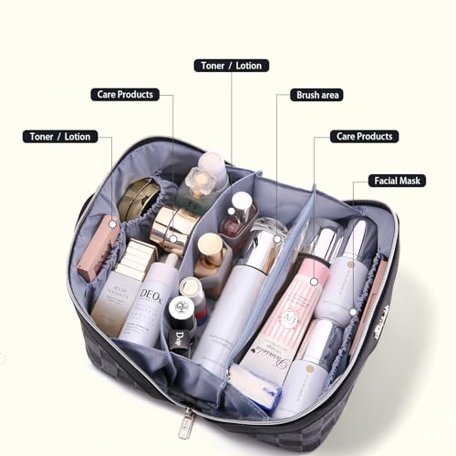 BOYATU Travel Makeup Bag for Women: Large Cosmetic Bag Set of 3 - PU Leather Make up Bag with Compartments - Compact Waterproof Toiletry Bag with Divider & Handle (D-2-Black) - color: D-2-Black