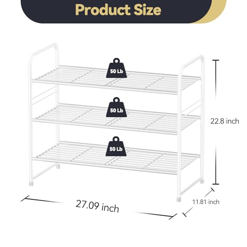3 Tier Shoe Rack, Closet Shoe Organizer for Entryway, Heavy Duty Stackable Shoe Storage Shelf Stand,White
