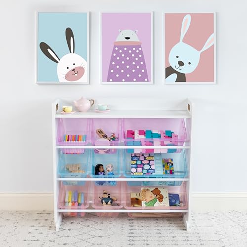 Humble Crew Toy Storage Organizer with 9 Removable Storage Bins for Kids Playroom, 3-Tier with Top Shelf Toddler Toy Organization, White/Purple/Pink/Blue - color: White/Purple/Pink/Blue