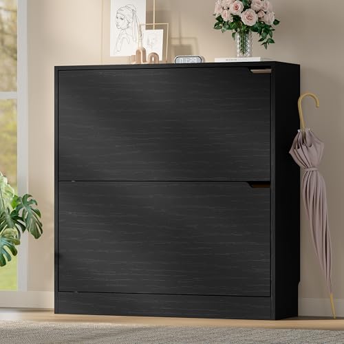 BORNOON Shoe Cabinet with 2 Flip Drawers, Slim Narrow Shoe Storage Cabinet, Freestanding Shoe Organizer with Adjustable & Removable Shelves, Top Display Shelf for Entryway, Hallway, Foyer, Closet - color: Black, size: 2-Drawer