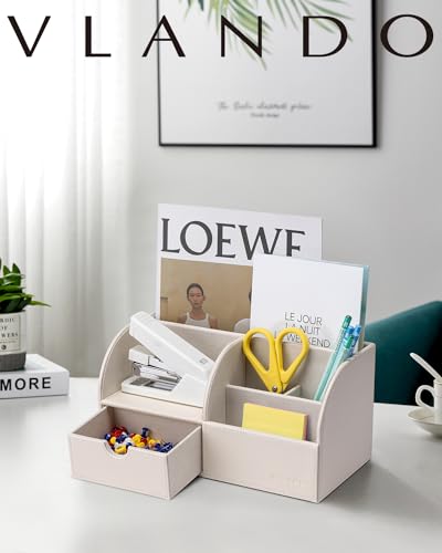 Vlando Office Desk Organizer Leather Desktop Organizer Caddy with Drawer for Storing Desktop Supplies and Accessories (White) - color: A.White