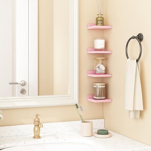 Fixwal Pink Shelves, 5x5 Inches Small Wall Shelf Set of 4, Rustic Wood Floating Wall Mounted Shelves for Bedroom, Living Room, Kitchen, Bathroom Decor (Pink) - color: Pink