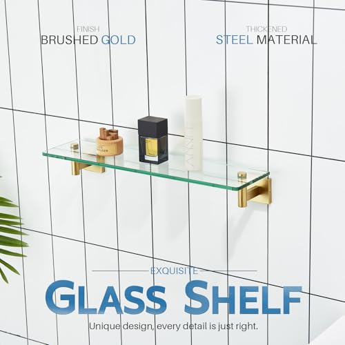 KOKOSIRI Wall Shelves Floating Shelf 20-Inch Stainless Steel Bathroom Hardware Tempered Glass Kitchen Hanging for Storage/Room Decor Gold B1105BG-L20 - color: Brushed Gold, size: 20-Inch