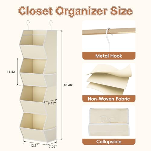 Hanging Closet Organizer 4 Shelf Collapsible Fabric Closet Organizers and Storage Hanging with Mesh Pocket for Clothes, Hanging Wardrobe Organizers and Storage for Sweater T-Shirt Shoes Toys, Beige - color: Beige-1 Pack, size: 4-shelf