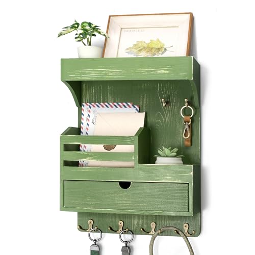 Rebee Vision Pine Wood Key Holder Wall Mount with Small Drawer Organizer - Farmhouse Key Holder for Wall with 6 Sturdy Hooks & Floating Shelf - Perfect for Room Decor (Green) - color: Green, style: Large Drawer