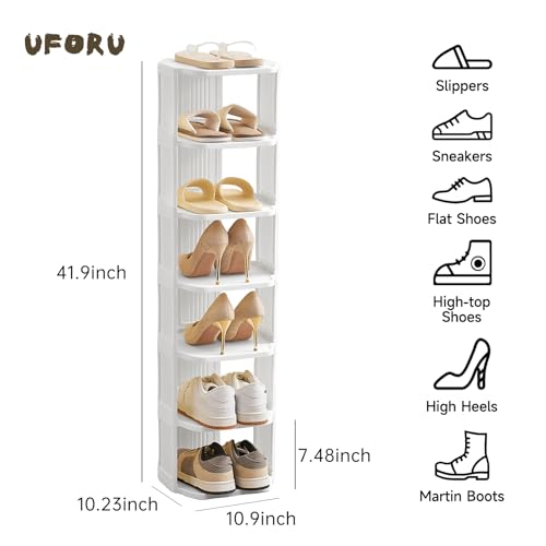 Small Shoe Rack, 7 Tier Plastic Vertical Shoe Rack for Small and Narrow Spaces, Free Standing Shoe Organizer for Closet, Entryway - color: White, size: 7 Tier