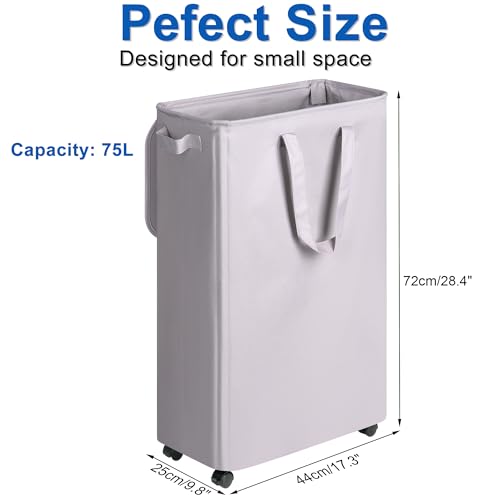 Vincona Slim Laundry Hamper with Lid and Wheels, Small Rolling Laundry Basket with Handle for Small Spaces, Tall Dirty Clothes Hampers for Dorm, Bathroom and Bedroom, 75L, Grey - color: Grey, size: 75L