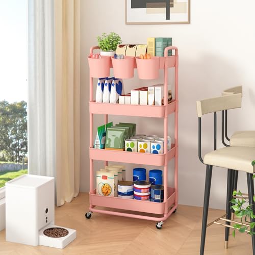 JIUYOTREE 4-Tier Plastic Rolling Storage Cart Utility Cart with Extra Hanging Cups Handles Lockable Wheels for Living Room Bathroom Kitchen Office Pink - color: Pink, size: 4-Tier