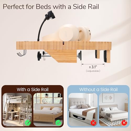 Bedside Shelf for Dorm Bed & Top Bunk, Bamboo Bed Side Table Tray with Cup Phone Holder & Hooks, Bedside Caddy, Clip on Nightstand Bedside Storage College Dorm Room Essentials (Bamboo) - color: Bamboo