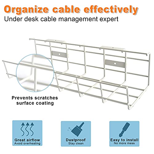 Under Desk Cable Tray - 2 Pack Cable Raceway for Wire Management. Metal Wire Organizer for Office, Studio and Home. Super Sturdy Cord Organizer for Desk - White Cable Management Under Desks - color: White*2Pack