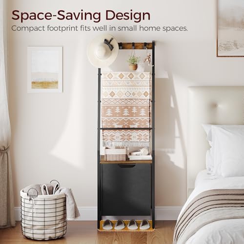 MAHANCRIS Blanket Ladder, 4-Tier Towel Rack with Pull-Out Laundry Basket & Removable Hooks, Ladder Shelf Stand, Wall-Leaning Blanket Rack for Living Room, Bedroom, Rustic Brown and Black TRHR4401