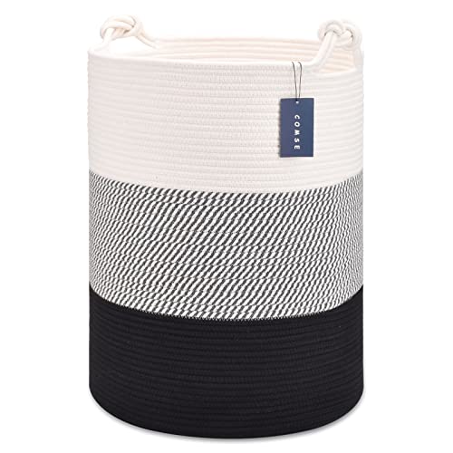 COMSE Extra Large Blanket Basket, Tall Woven Storage Basket, Nursery Hamper, 15.7”x 21.7”, Cotton Rope Laundry Hamper for Toys Clothes Towels, White/Gray/Black - color: White & Gray & Black