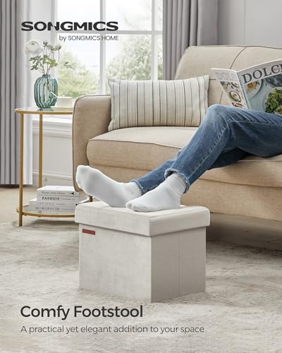 SONGMICS Storage Ottoman, Foldable Small Ottoman Foot Rest, 12.2 x 16.1 Inches Foot Stool, OAD up to 286 lb, for Living Room, Bedroom, Dorm, Cream White ULSF200W01 - color: Cream White, style: Velvet