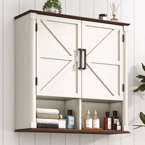 Farmhouse Bathroom Storage Cabinet,Double Wooden Bathroom Wall Cabinet with Roman Column Decor, Farmhouse Medicine Cabinets w Barn Doors,Storage Cabinets Wall Mounted for Kitchen(Rustic White) - color: Rustic White, style: Wall Double Storage Cabinet