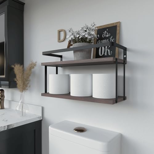 RICHER HOUSE Dual-Level Guardrail Bathroom Shelves, Wood Floating Shelf Wall Mounted, Over Toilet Paper Storage Shelf for Bathroom Wall Decor, Bathroom Organizers and Kitchen Storage - Rustic Brown - color: Rucstic Brown, size: 2 in 1