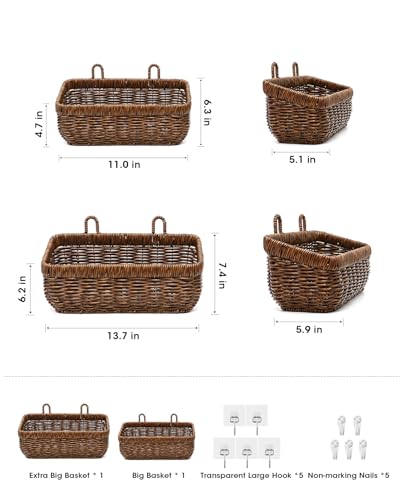 AceList Wall Hanging Basket, Boho Style Hand-Woven Hanging Storage Baskets - Set of 2, Ideal for Boho Room Decor, Kitchen, Garden, and Living Room(Brown) - color: Brown, size: 2 pc (large)