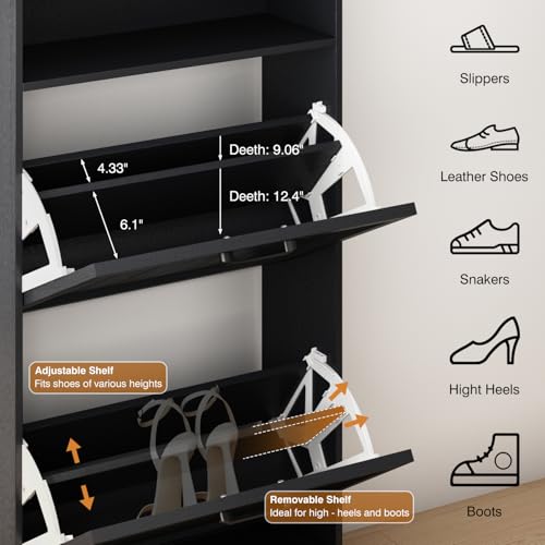 Shoe Storage Cabinet with 2 Flip Drawers, 24" W Farmhouse Modern Hidden Shoes Rack Cabinet with Adjustable Shelves & Open Storage, Narrow Slim Shoe Organizer for Front Door Entrance, Entryway, Black - color: Black, size: 2-Drawers