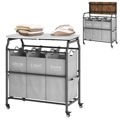 Hoctieon 3 Section Laundry Sorter Cart with Ironing Board, Laundry Hamper with Shelf and Rolling Wheels, Heavy Duty Laundry Basket Organizer, Large Clothes Separator Hamper with Removable Bags, Gray - color: Gray