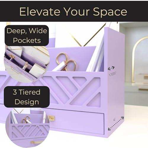 BLU MONACO | Wooden Mail Organizer Countertop with Drawer | Tabletop Organizer with Drawers for Desk | Mail Sorter Organizer Countertop Letter Paper Holder - color: Purple