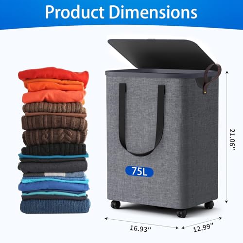 Laundry Basket with 5 Wheels, Tall Dirty Laundry Hamper, Rolling Laundry Basket with Lid, Collapsible Clothes Hamper for Bathroom Bedroom Dorm Laundry Room, Light Gray, 75L - color: Light Gray, size: 75L