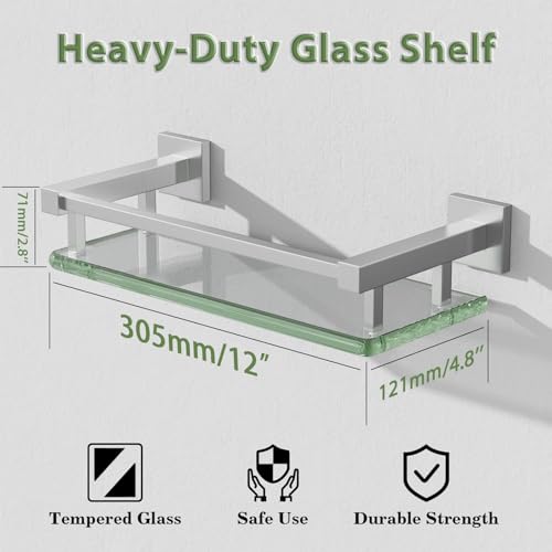 Alise Glass Shelves for Bathroom Wall, Tempered Glass Bathroom Shelf Wall Mounted, Modern Space Saving Floating Shelves 12 inch, Brushed Nickel - color: Brushed Nickel, size: 12 inch