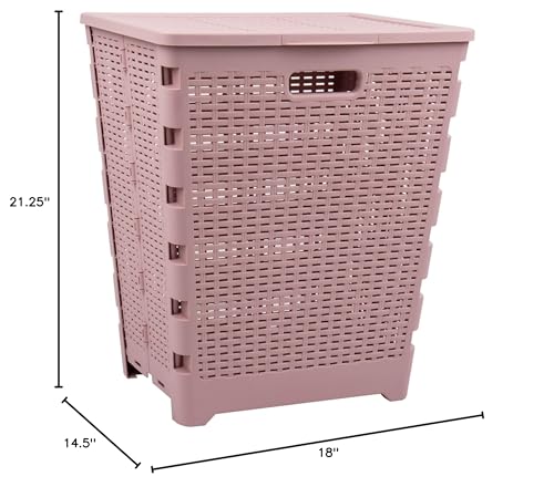 Mind Reader 61L Foldable Laundry Hamper, Clothes Basket, Lid, Wicker Design, Plastic, 18"L x 14.5"W x 21.25"H, Pink - color: Pink