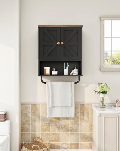 CHOEZON Bathroom Wall Cabinet, Medicine Cabinet with Open Partition and Towel Bar, Rustic Storage Cabinet with Open and Hidden Storage Space, for Bathroom, Living Room, Kitchen, Black and Walnut - color: Black and Walnut, size: 7.1"D x 18.9"W x 24.8"H