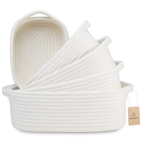 NaturalCozy 5-Piece Rectangle Storage Basket Set- Natural Cotton Rope Woven for Organizing! Small Basket for Montessori, Baby Nursery, Dog Toy Baskets, Cat Toy Box, Bathroom Organization Bin - color: Off White