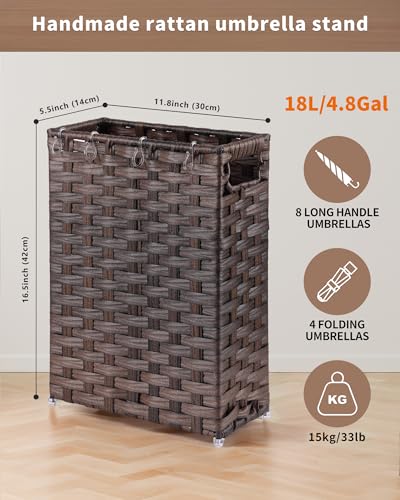 Rattan Umbrella Stand, Umbrella Holder for Entryway, Hand Woven Umbrella Rack Organizer Freestanding, with a Detachable Drip Tray, 4 Hooks, 11.8" L x 5.5" W x 16.5" H - color: Brown, size: M(11.8" L x 5.5" W)