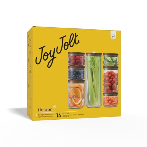 JoyJolt Holden 7-Piece Stackable Glass Storage Containers with Lids, Airtight Food Canister Set with Acacia Wood Lids, Round Stacking Pantry and Kitchen Containers for Pasta, Flour, Sugar, Coffee