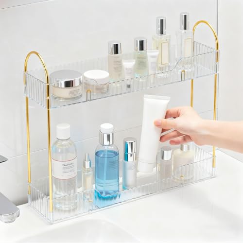 Bathroom Countertop Organizer, 2-Tier Slim Vanity Storage Rack for Bathroom Sink, Narrow Counter Organizer for Toiletries Skincare Perfume with Clear Plastic Trays - color: Clear