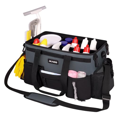JKAOO Large Wearable Cleaning Caddy Bags,Cleaning Supplies Storage Bag with Handles and Adjustable Shoulder Strap and Removable Waist Straps,Waterproof Cleaning Bags for Home,Car,Office (Gray) - color: Gray