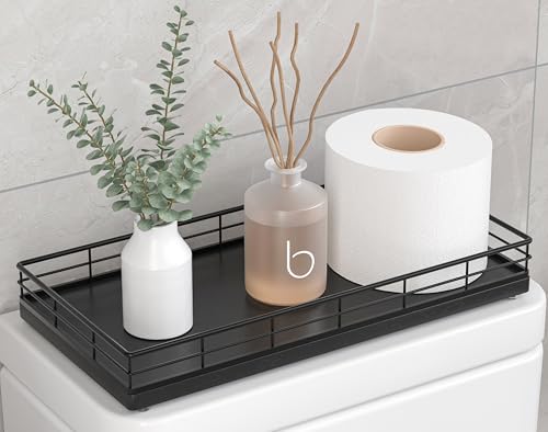 Toilet Paper Basket Organizer – Oak Wood Toilet Tank Tray with Metal Frame, Bathroom Counter Top Storage for Toilet Paper, Wipes & Decor, Modern Narrow Back of Tank Shelf Organizer, Black - color: Black, size: 13" x 6.5" x 2"