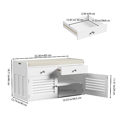 WARMHONIU Shoe Storage Bench with 2 Drawers, Entryway Bench with Cushion, Adjustable Shelves, Shoe Rack Bench with Louvered Doors for Entryway, Bedroom, Hallway, White - color: White, style: 2 Drawers Storage