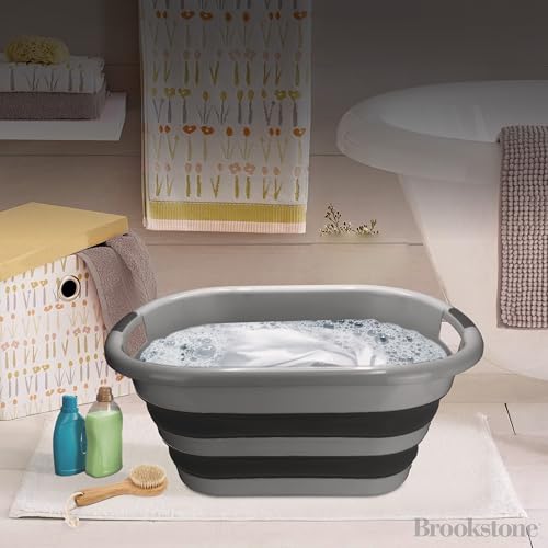 BROOKSTONE Collapsible Laundry Basket Set, Modern Extra Large Collapsible Basket Set, Comfort Non-Slip Grip Handles, Minimalist Space Saving Design, Portable Pop-Up Hamper, BPA FREE, Dark Grey, 2 PACK - color: Dark Grey, size: XL - Two Pack