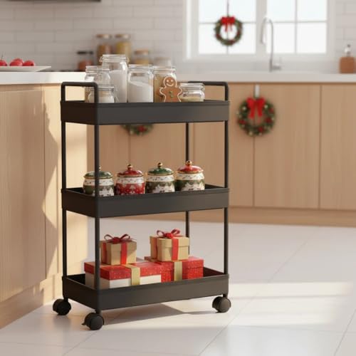 Ronlap 3 Tier Slim Rolling Storage Cart with Wheels Plastic Utility Cart Organizer for Snack Craft Art Postpartum Baby Diaper Nail Makeup in Bathroom Laundry Room Kitchen Bedside Narrow Space, Black - color: Black