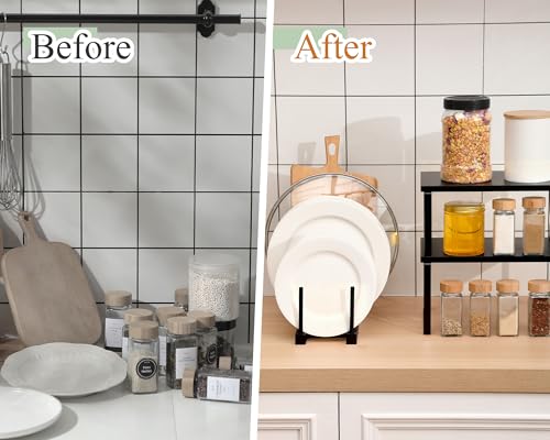 Marsui 4 Pcs Kitchen Organizer Accessories Set Cabinet Organizer Shelf and Bamboo Dish Drying Plate Rack Counter Shelves Storage Holder for Spice Rack, Dish, Pot Lid, Bowl, Cup (Black) - color: Black