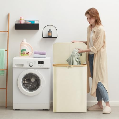 Lifewit 150L Laundry Basket with Lid, Clothes Hampers for Laundry with Bamboo Handles and 2 Removable Bag, Large Foldable Laundry Hamper for Bedroom, Bathroom, Dorm, Laundry Room, White - color: White, size: 150L
