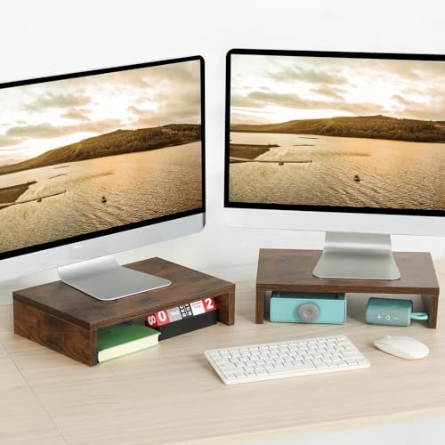 TEAMIX Monitor Riser - 2 Pack, Rustic Brown Wood Adjustable Stand for 2 Monitors/Laptop/PC - color: Brown