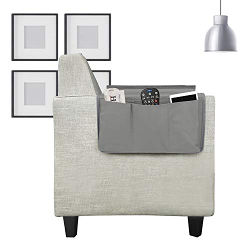 Durable Oxford Couch Sofa Armrest Organizer No-Slip Cloth Arm Chair Caddy Bedside Storage Pocket with Top Tray TV Remote Holder Bed Storage Bag for Cellphone Tablet Notepad Book Magazines DVD Glasses - color: Style-2:grey