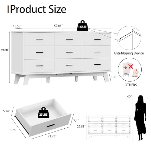 Xixini Dresser for Bedroom, 9 Drawer Wide Modern Chest of Drawers with X-Shaped Sturdy Base, Wood Double Dresser Closet Clothes Storage Organizer, Wooden TV Stand for Living Room, Hallway, White - color: White, size: 15.6"D x 59.1"W x 29.5"H (9 Drawers)