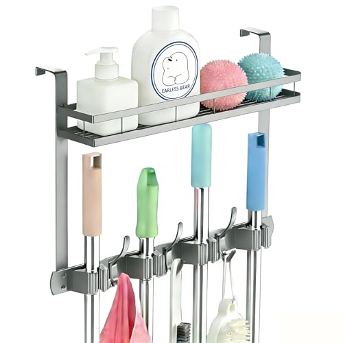 Broom Holder Over The Door Over Door Broom and Mop Rack Over The Door Hooks Organizer With4 Slots & 3 Hooks 1 Storage Basket For Laundry Room, Garage, Closet, Kitchen Decor (grey) - color: grey