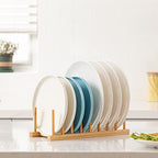 HBlife Bamboo Dish Plate Bowl Cup Book Pot Lid Cutting Board Drying Rack Stand Drainer Storage Holder Organizer Kitchen Cabinet（Keep Dry） - color: Bamboo 8 Slots 1pcs