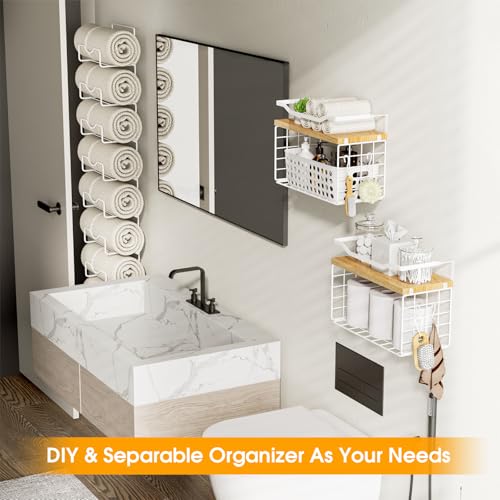 Towel Racks for Bathroom,Towel Rack Wall Mounted, 6 Tier Rolled Or Folded Towel Holder with Floating Shelves, Bathroom Towel Holder for Bath, Hand Towels,White,Walnut Wood Panel - color: Walnut Plack, size: J-type White Rack