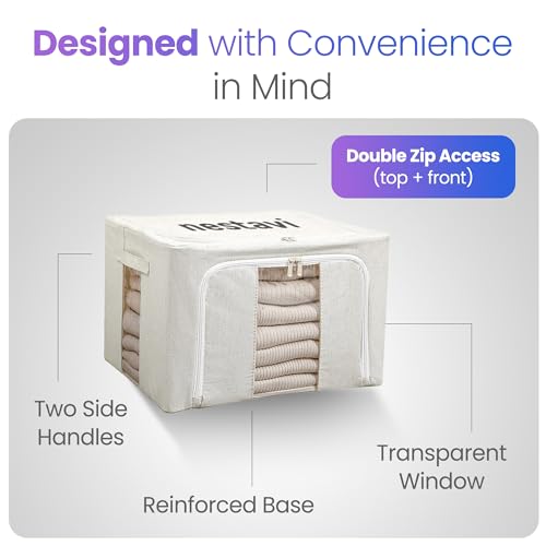 24L Pack Of Two Clothes Storage Bin, Foldable Blanket Storage Bags with Zippers, Under Bed Storage Box, Clear Window and Reinforced Handles, Bed Sheets Storage Box
