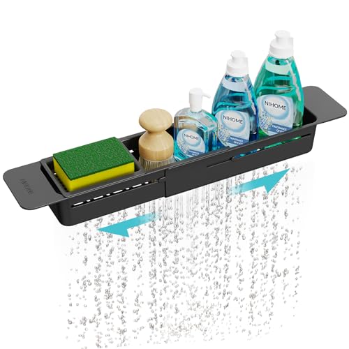NiHome Extendable Sink Kitchen Organizer, Extra Long Telescopic Brush Storage Rack for Sponge, Non-Slip Pads Expandable Sink Caddy, Adjustable Sponge/Brush Rack with Drainage Durable ABS (Black) - color: Black 1, size: Extra Long