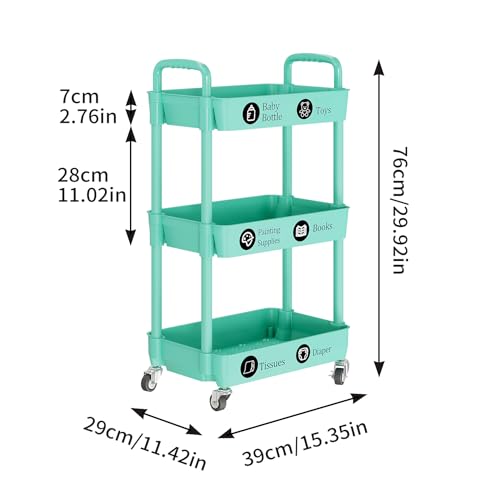 Laiensia 3-Tier Rolling Cart with Wheels,Multifunction Utility Storage Carts, Kitchen Storage Organizer,Mobile Shelving Unit for Bathroom,Laundry,with Classified Stickers,Green - color: Green, size: 3-Tier